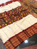 Georgette Horizontal Stripes Stripes White Maroon