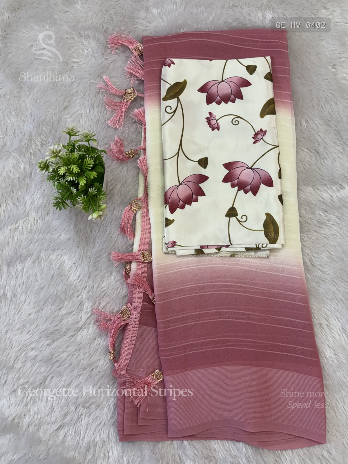 Georgette Horizontal Stripes Plain Border White Pink