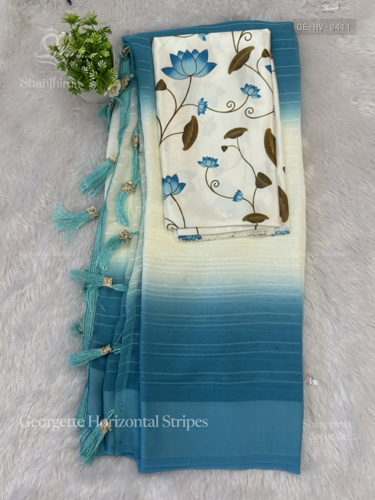Georgette Horizontal Stripes Plain Border White Blue