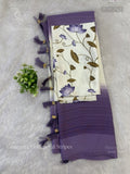 Georgette Horizontal Stripes Plain Border White Violet