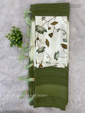 Georgette Horizontal Stripes Plain Border White Olive Green