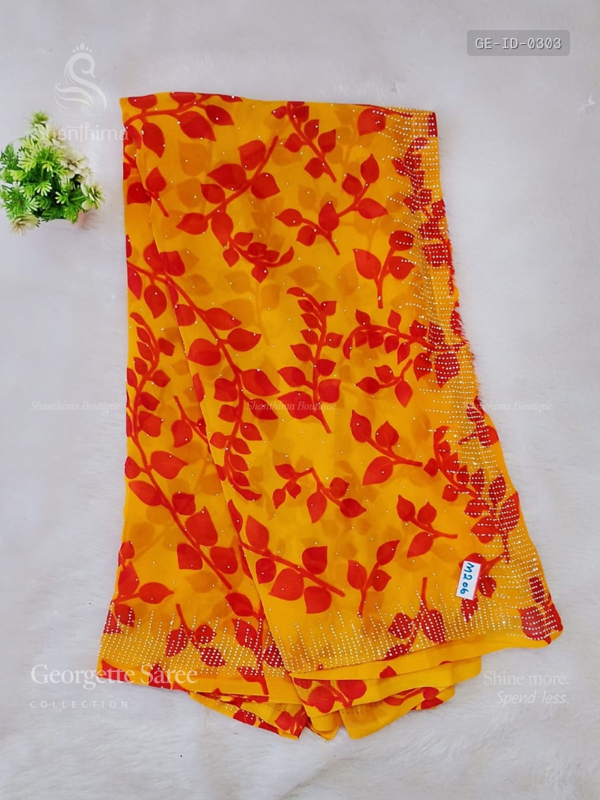 Georgette Leaf Diamond Stone Peacock Yellow Yellow