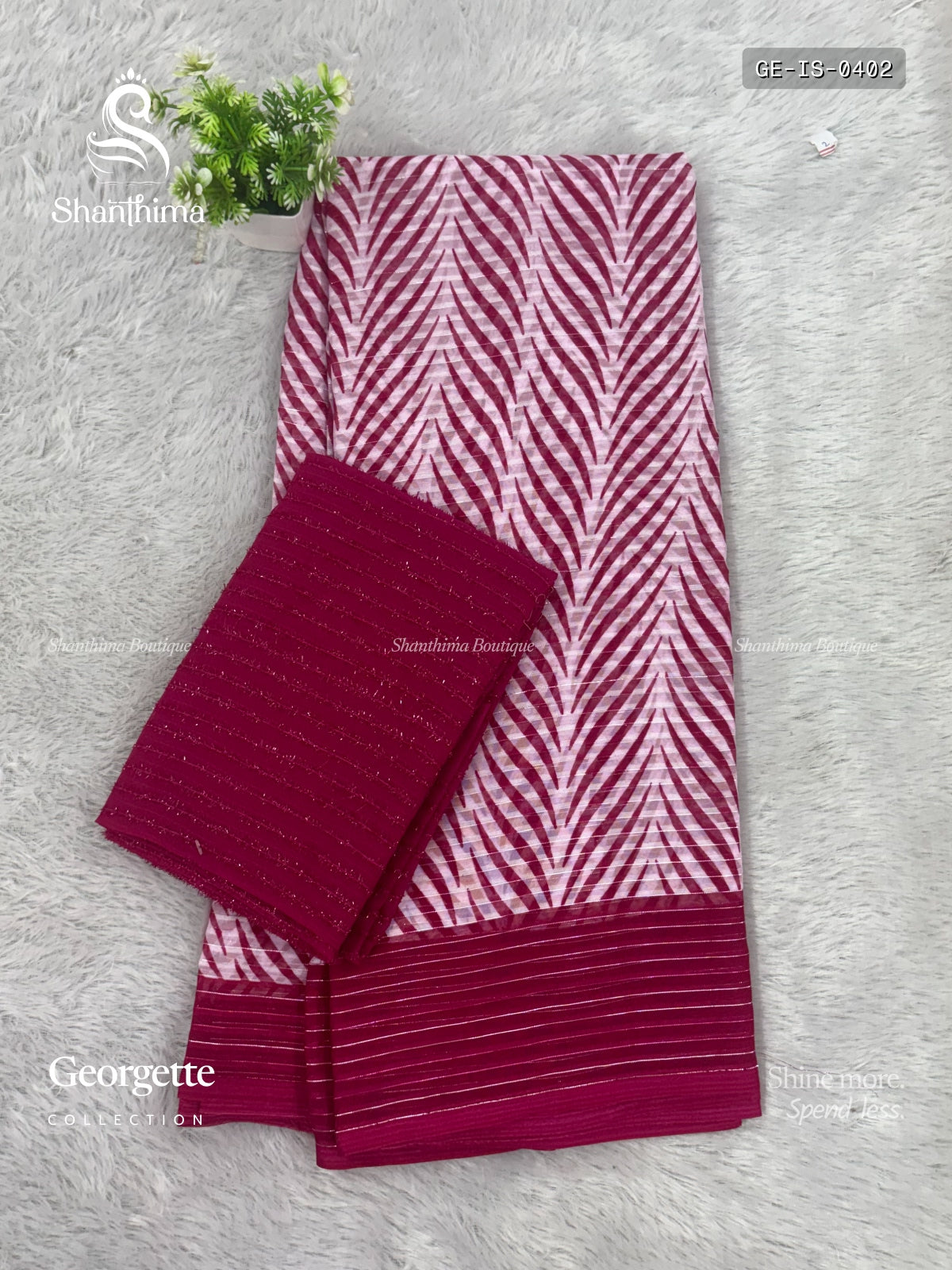 Georgette Leaf Stripes White Pink