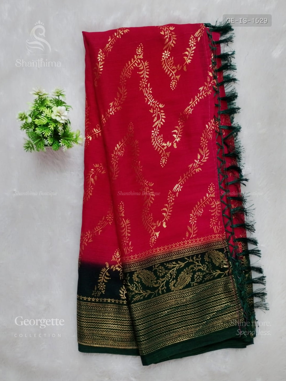 Georgette Leaf Stripes Rose Dark Green