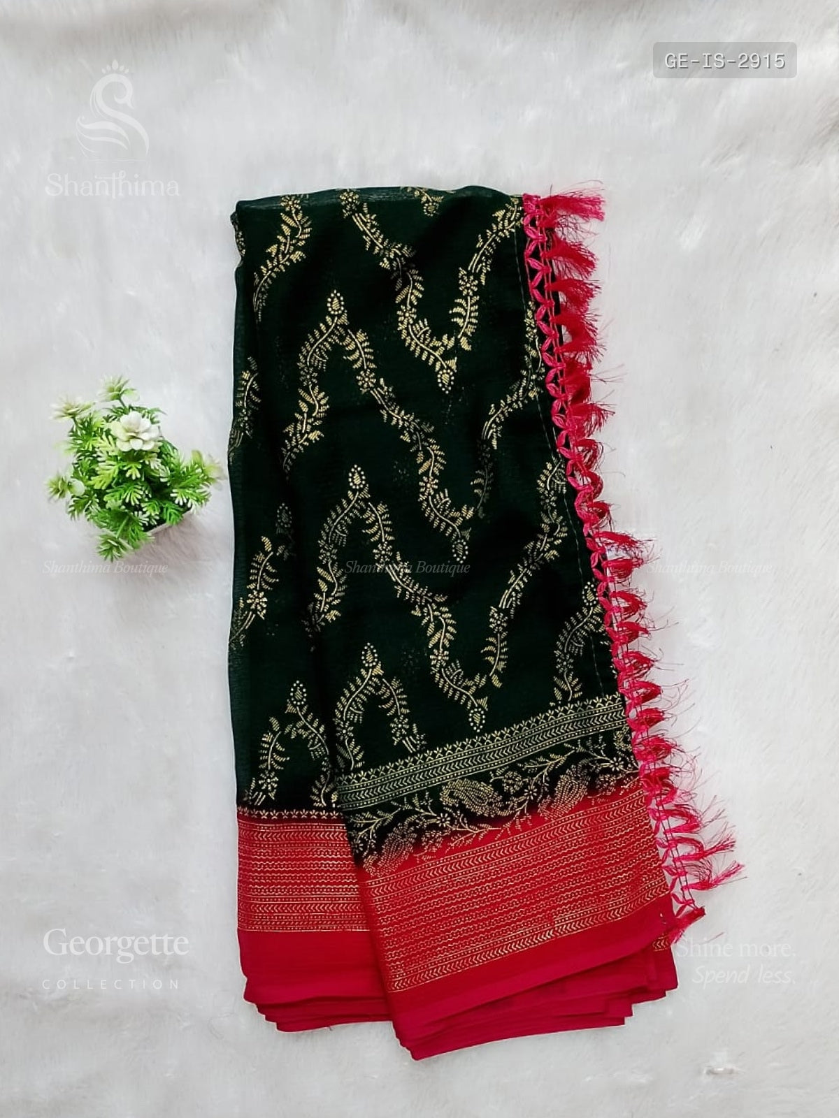 Georgette Leaf Stripes Dark Green Rose