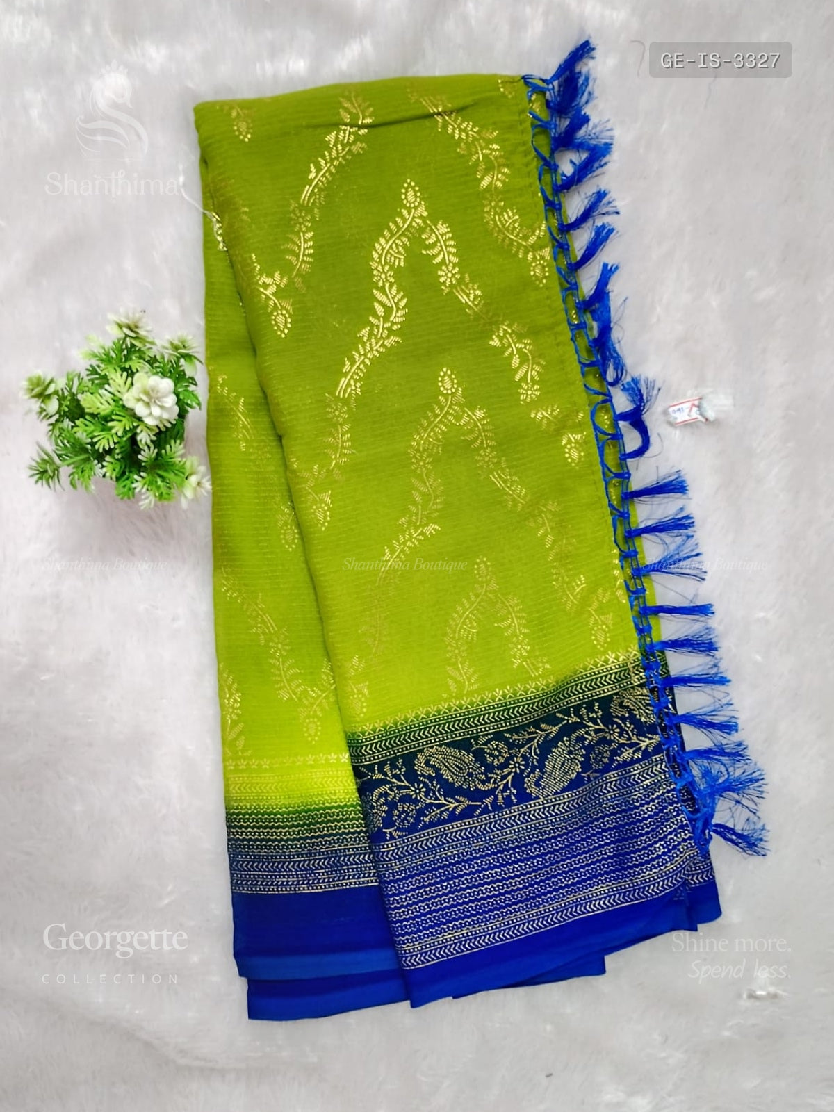 Georgette Leaf Stripes Elachi Green Ink Blue