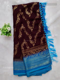 Georgette Leaf Stripes Dark Brown Rama Blue