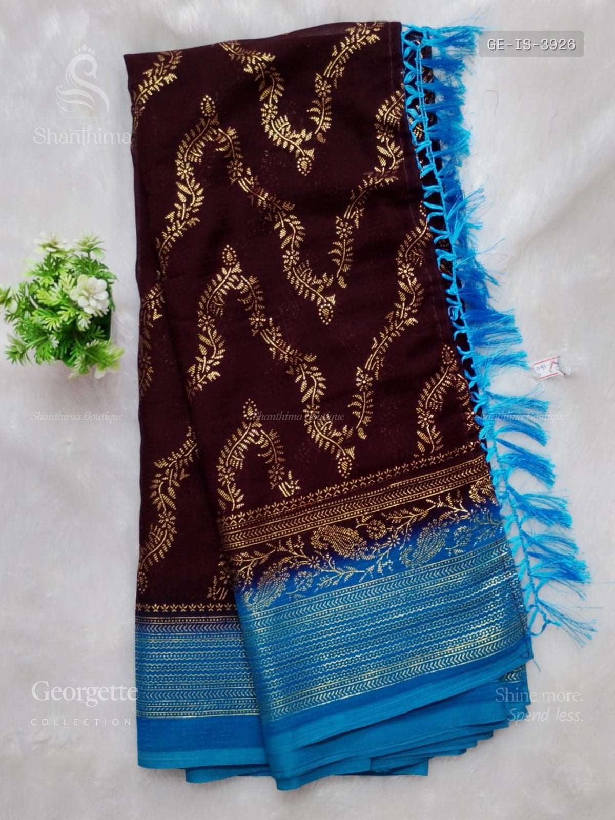 Georgette Leaf Stripes Dark Brown Rama Blue