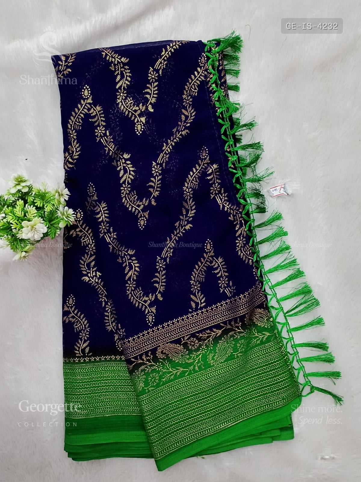 Georgette Leaf Stripes Dark Violet Parrot Green