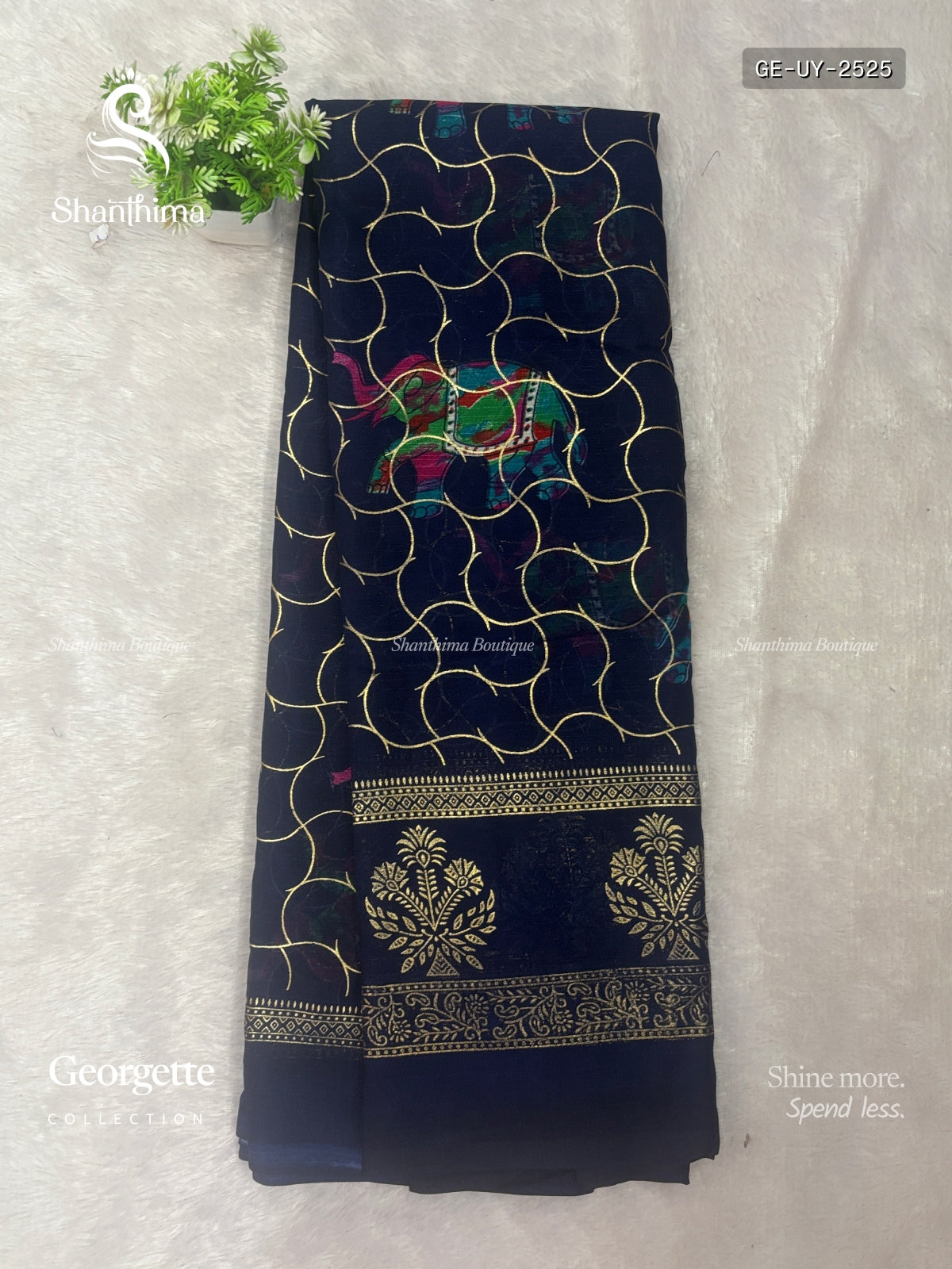 Georgette Elephant Mango Flower Motif Navy Blue Navy Blue