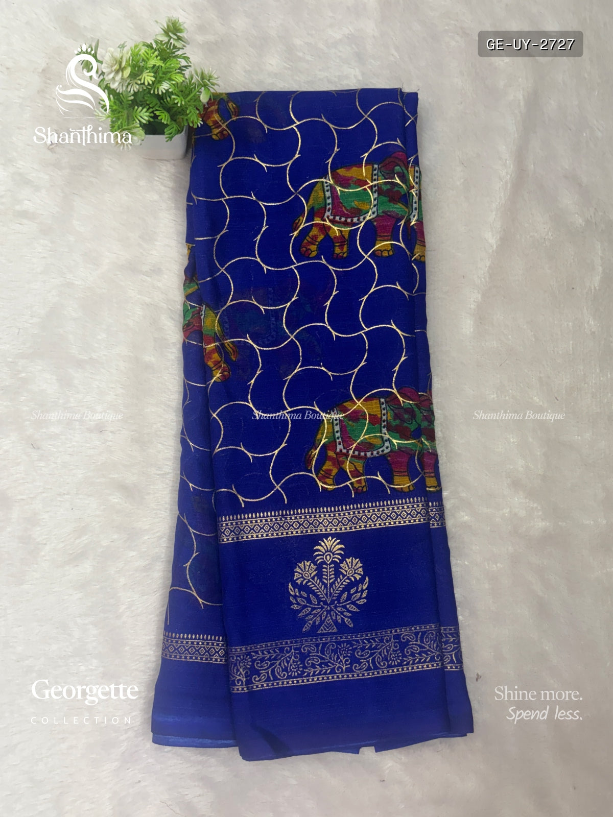 Georgette Elephant Mango Flower Motif Ink Blue Ink Blue
