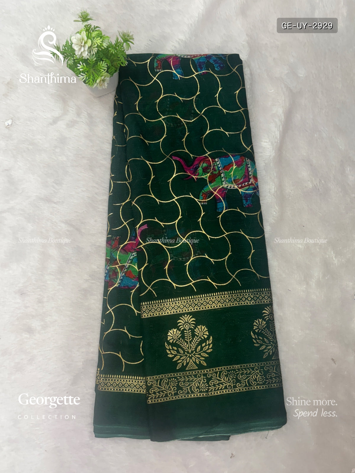Georgette Elephant Mango Flower Motif Dark Green Dark Green
