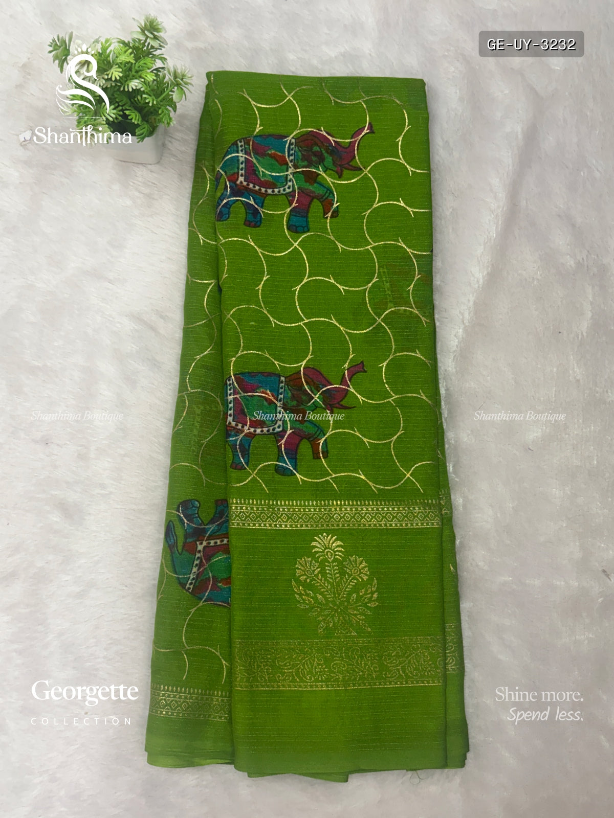 Georgette Elephant Mango Flower Motif Parrot Green Parrot Green