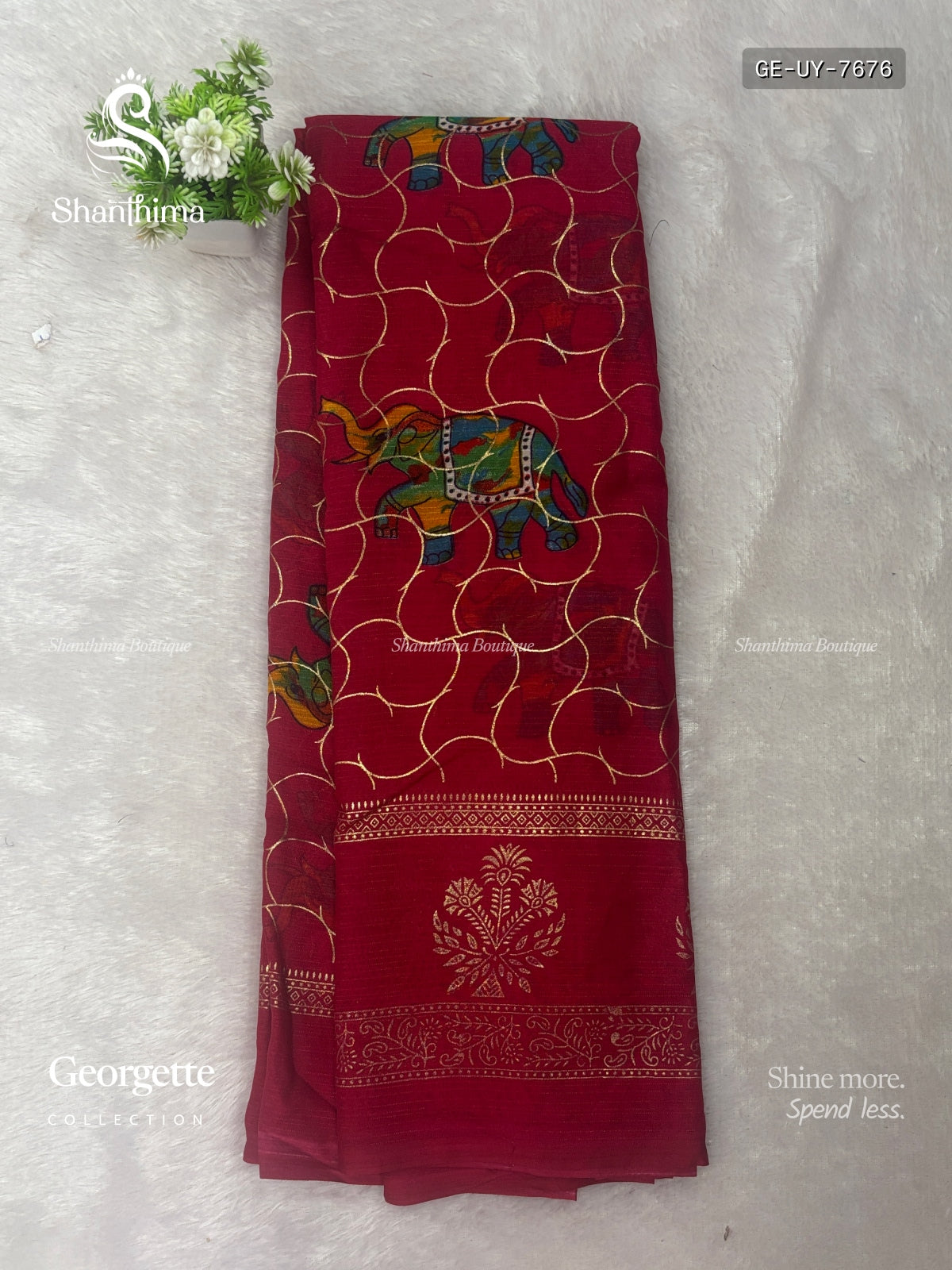 Georgette Elephant Mango Flower Motif Dark Pink Dark Pink