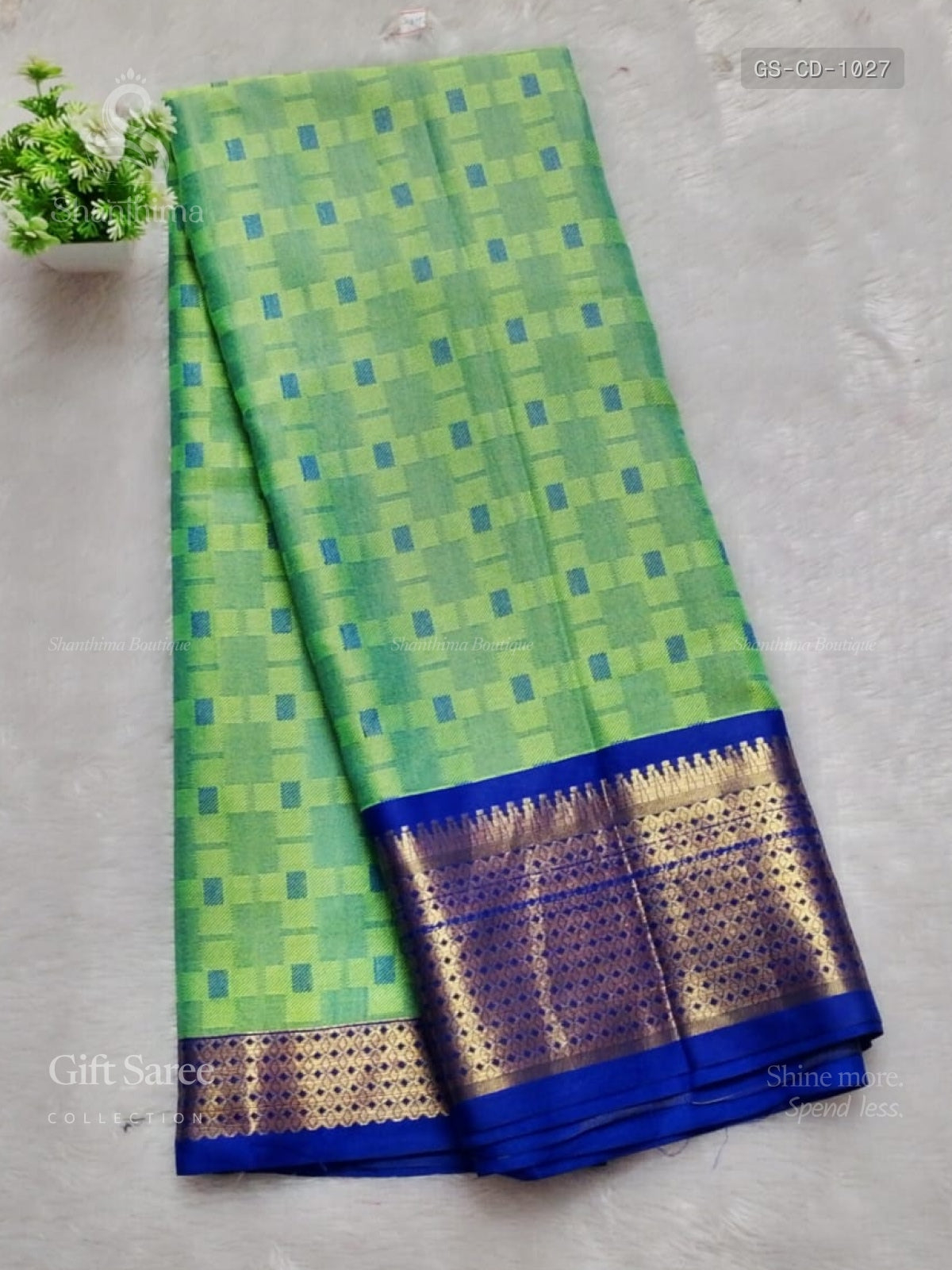 Gift Saree Checks Diamond Stone Peacock Green Ink Blue