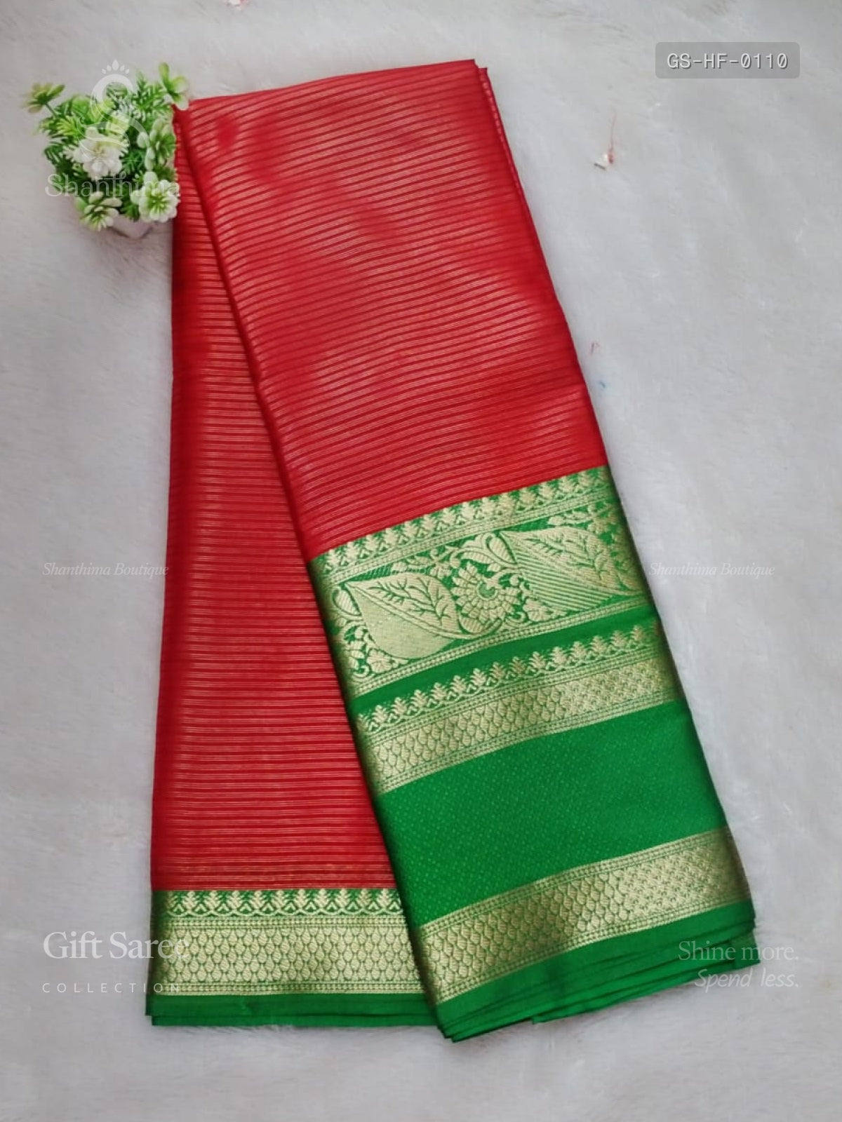 Gift Saree Horizontal Stripes Flower Red Green