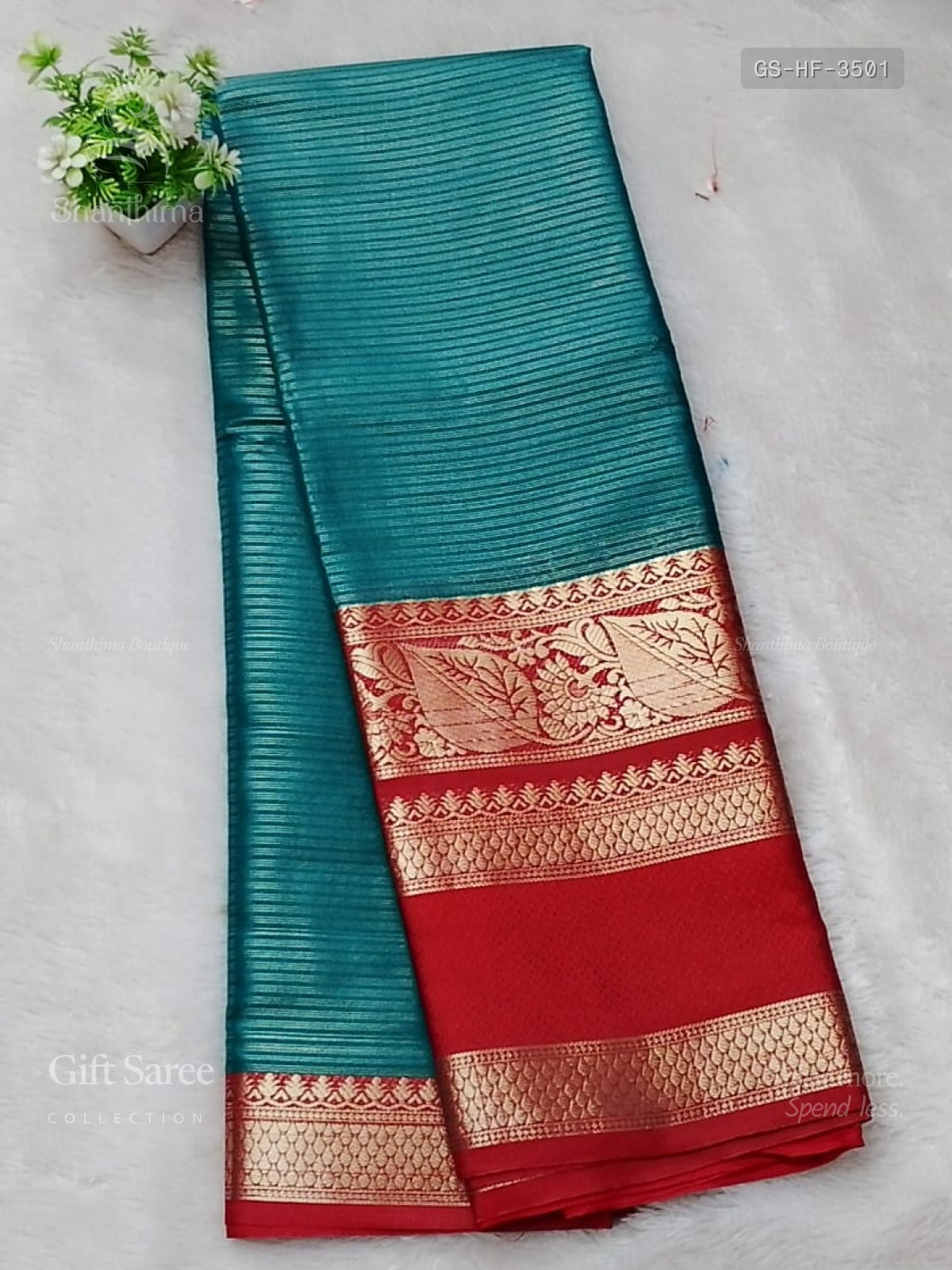 Gift Saree Horizontal Stripes Flower Peacock Green Red