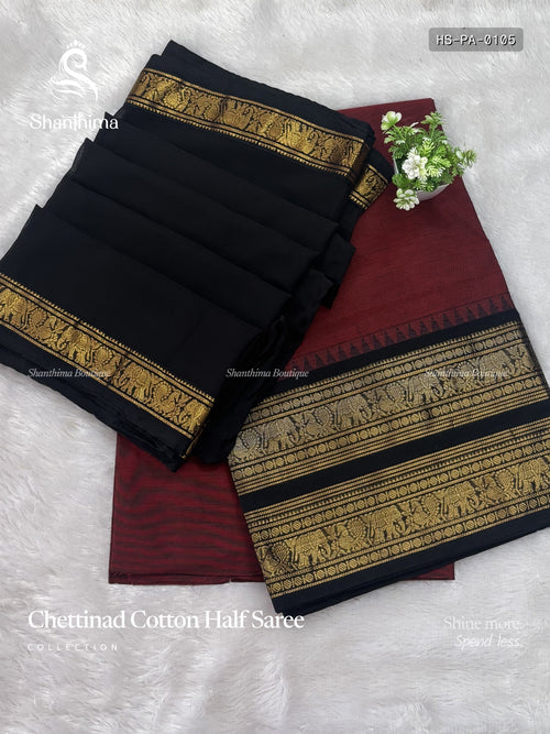Chettinad Cotton Half Saree Plain Peacock Elephant Red Black