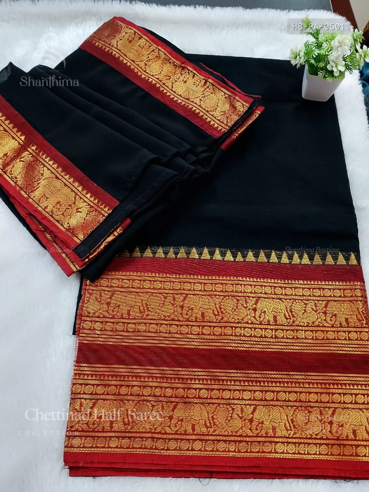 Chettinad Cotton Half Saree Plain Peacock Elephant Black Red