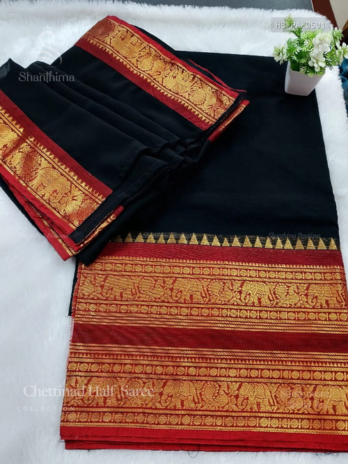 Chettinad Cotton Half Saree Plain Peacock Elephant Black Red