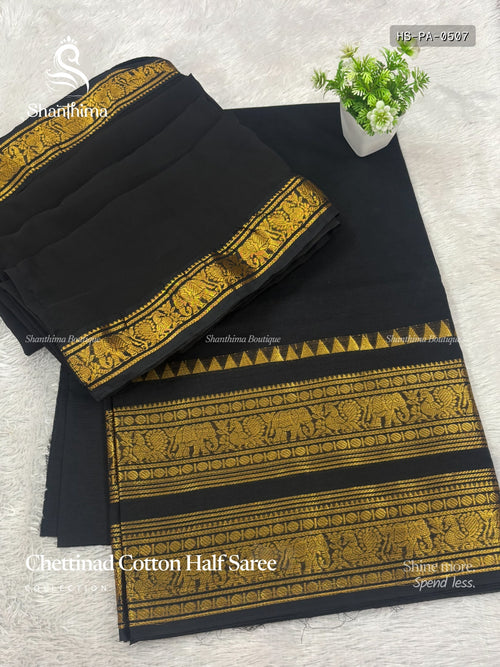 Chettinad Cotton Half Saree Plain Peacock Elephant Black Gold