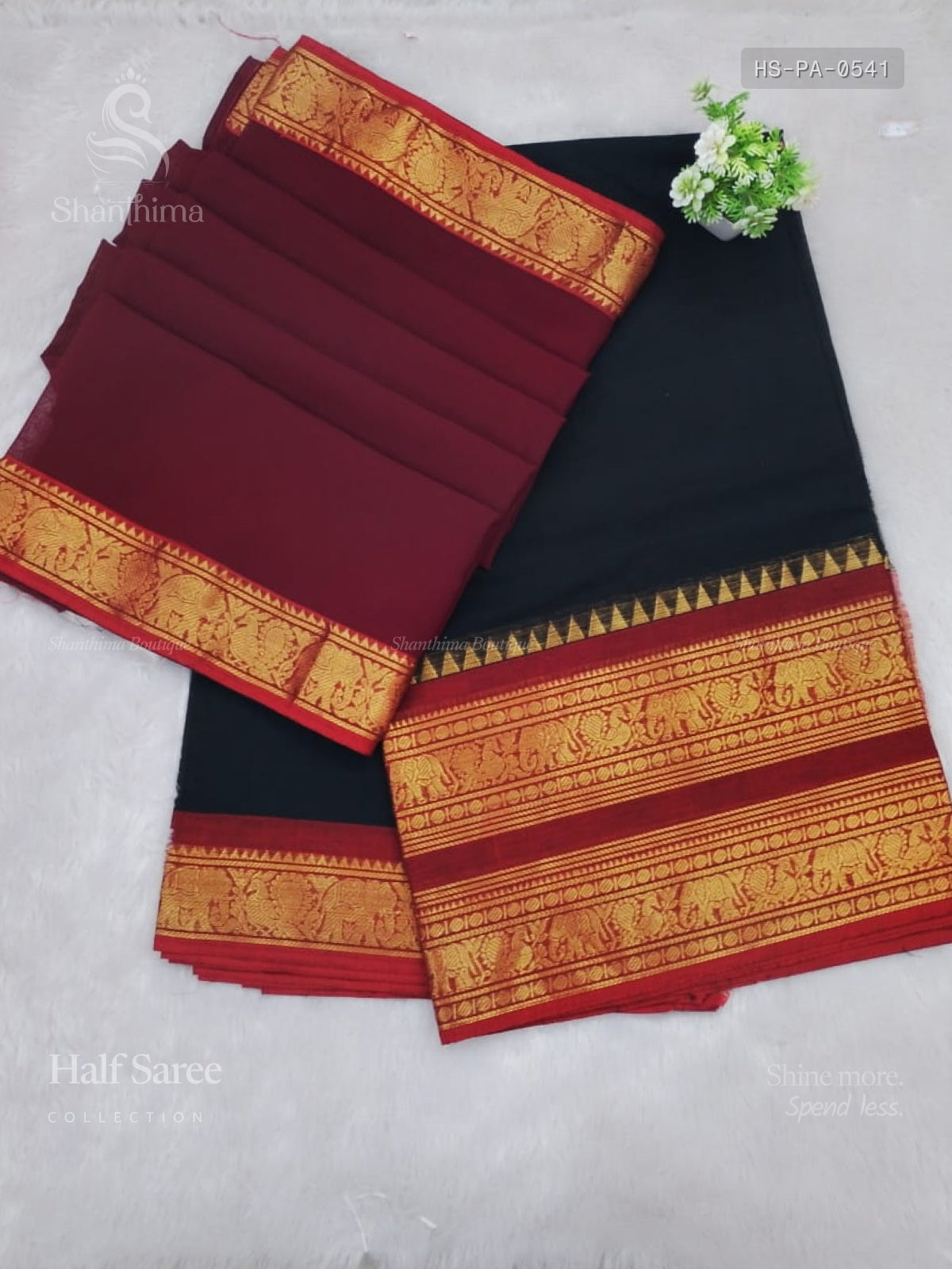 Chettinad Cotton Half Saree Plain Peacock Elephant Black Maroon