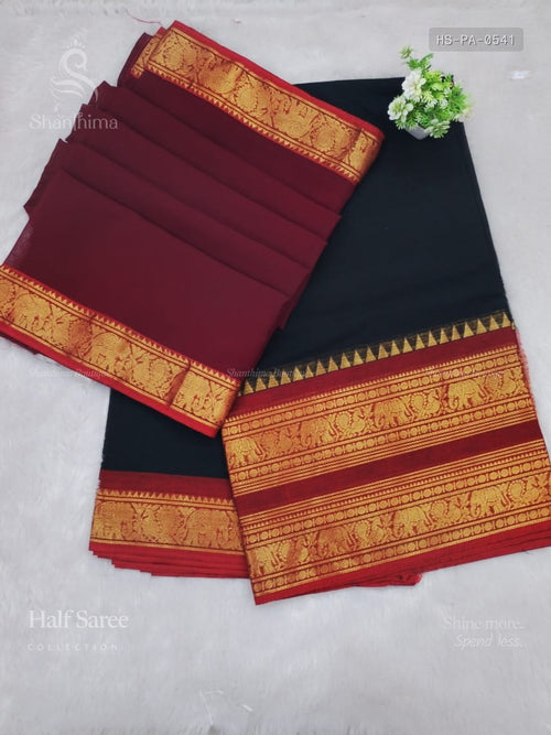 Chettinad Cotton Half Saree Plain Peacock Elephant Black Maroon