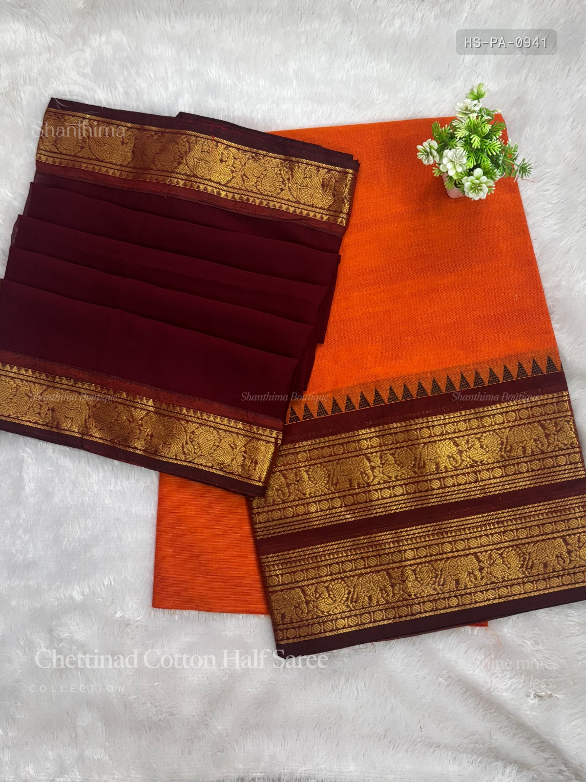 Chettinad Cotton Half Saree Plain Peacock Elephant Orange Maroon