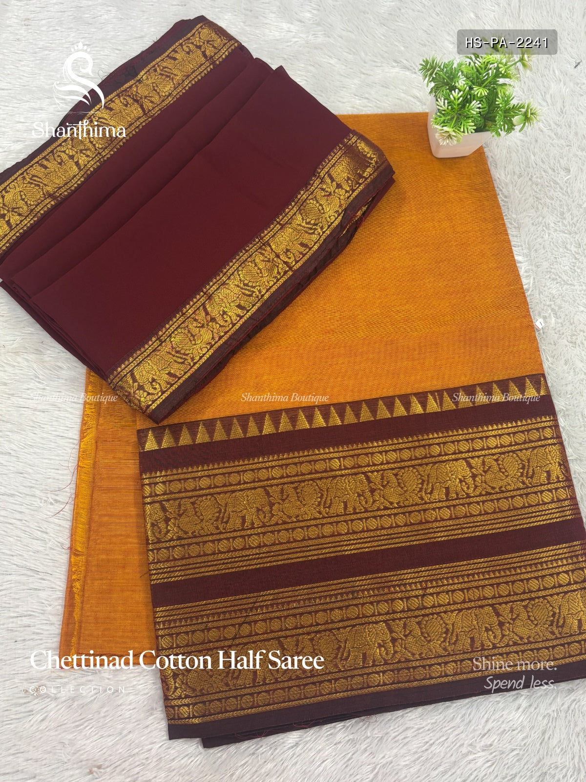 Chettinad Cotton Half Saree Plain Peacock Elephant Rust Maroon