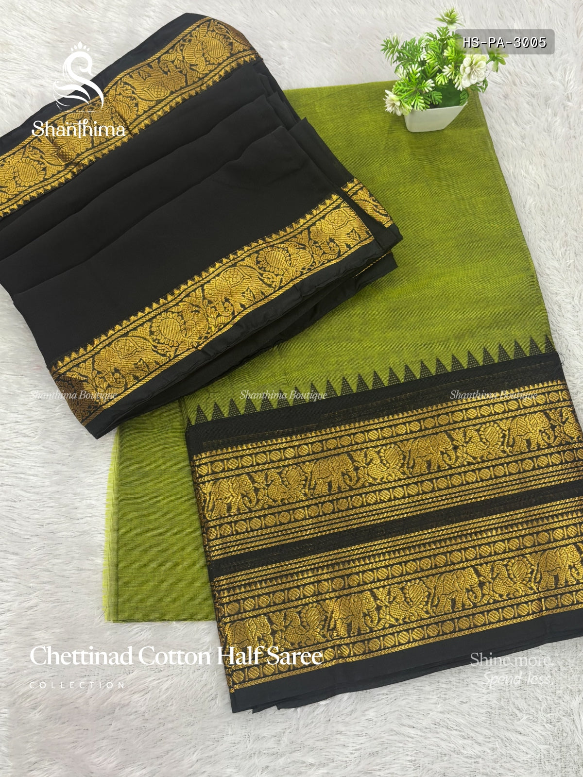 Chettinad Cotton Half Saree Plain Peacock Elephant Mehendi Green Black