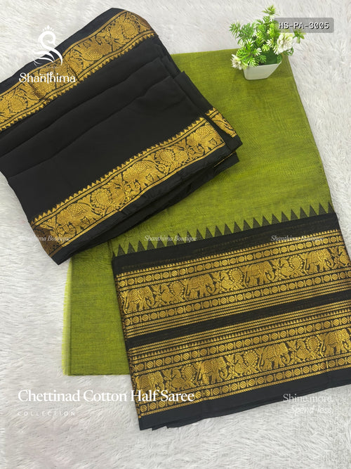 Chettinad Cotton Half Saree Plain Peacock Elephant Mehendi Green Black