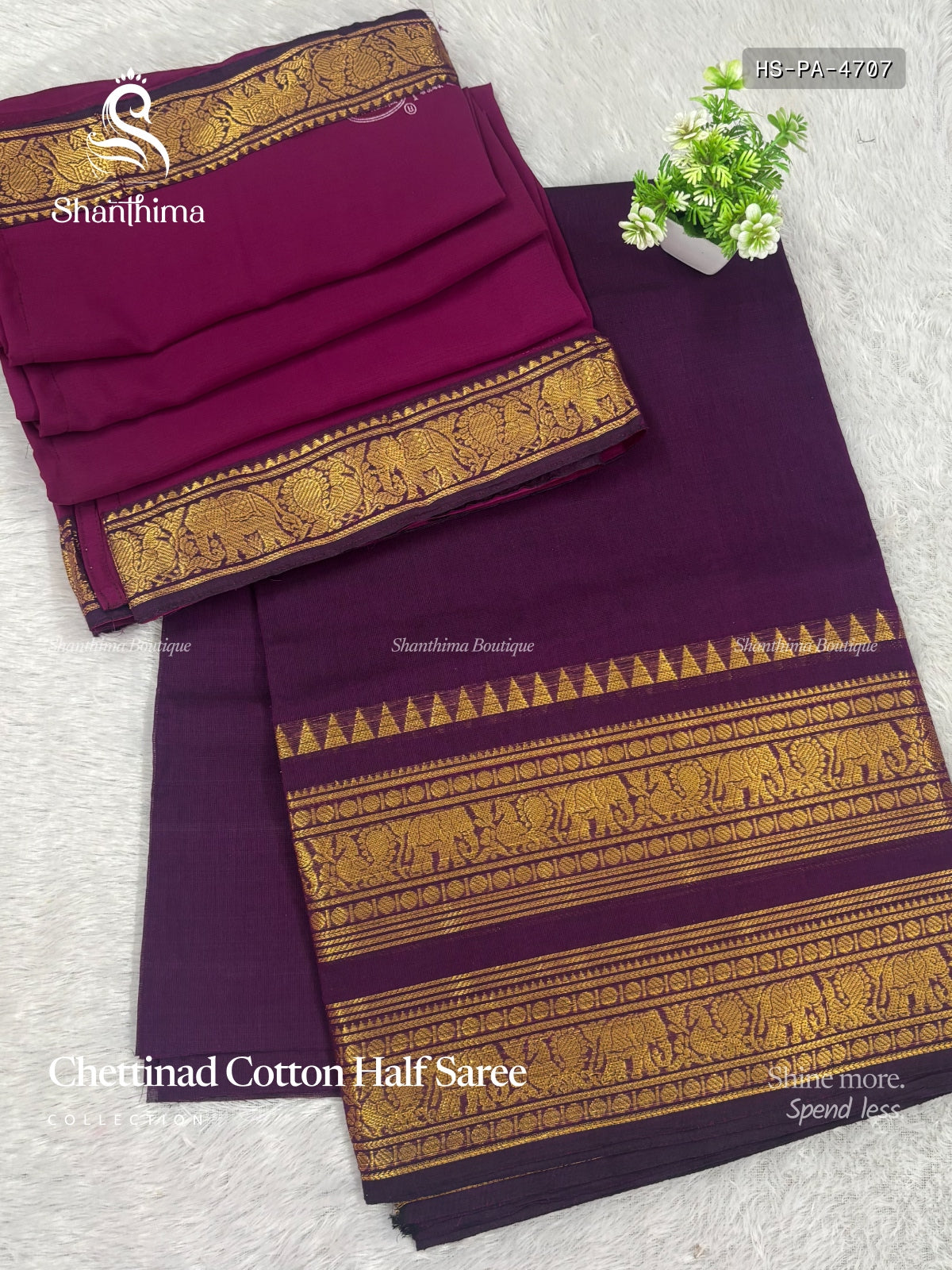 Chettinad Cotton Half Saree Plain Peacock Elephant Magenta Gold
