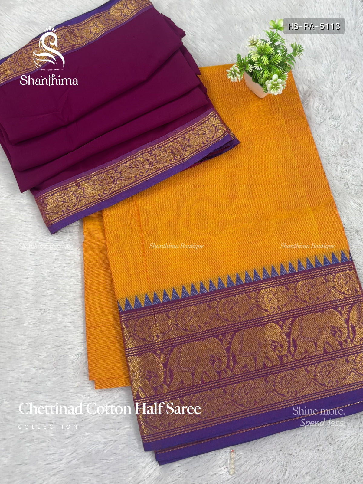 Chettinad Cotton Half Saree Plain Peacock Elephant Dual Shade Yellow Violet