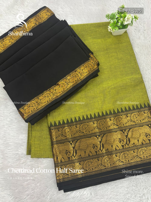 Chettinad Cotton Half Saree Plain Peacock Elephant Olive Green Black