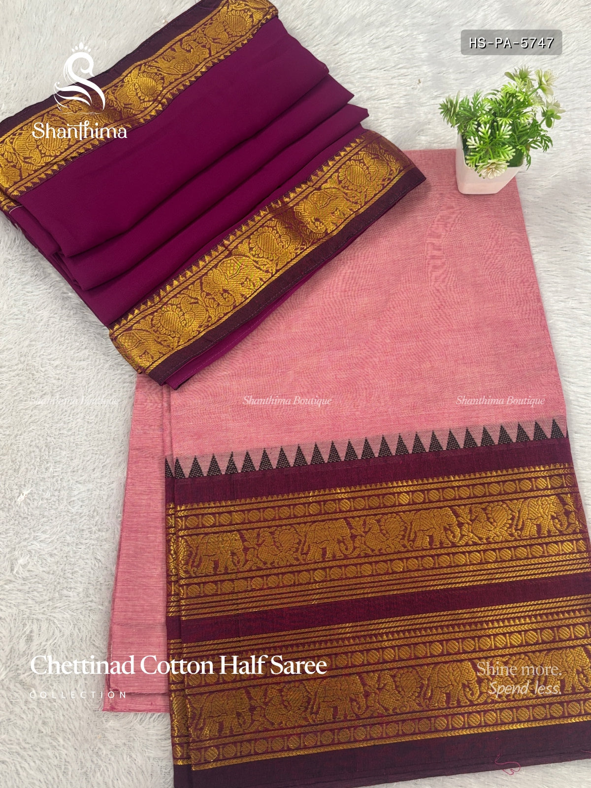 Chettinad Cotton Half Saree Plain Peacock Elephant Baby Pink Magenta