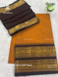 Chettinad Cotton Half Saree Plain Peacock Elephant Dark Mustard Brown