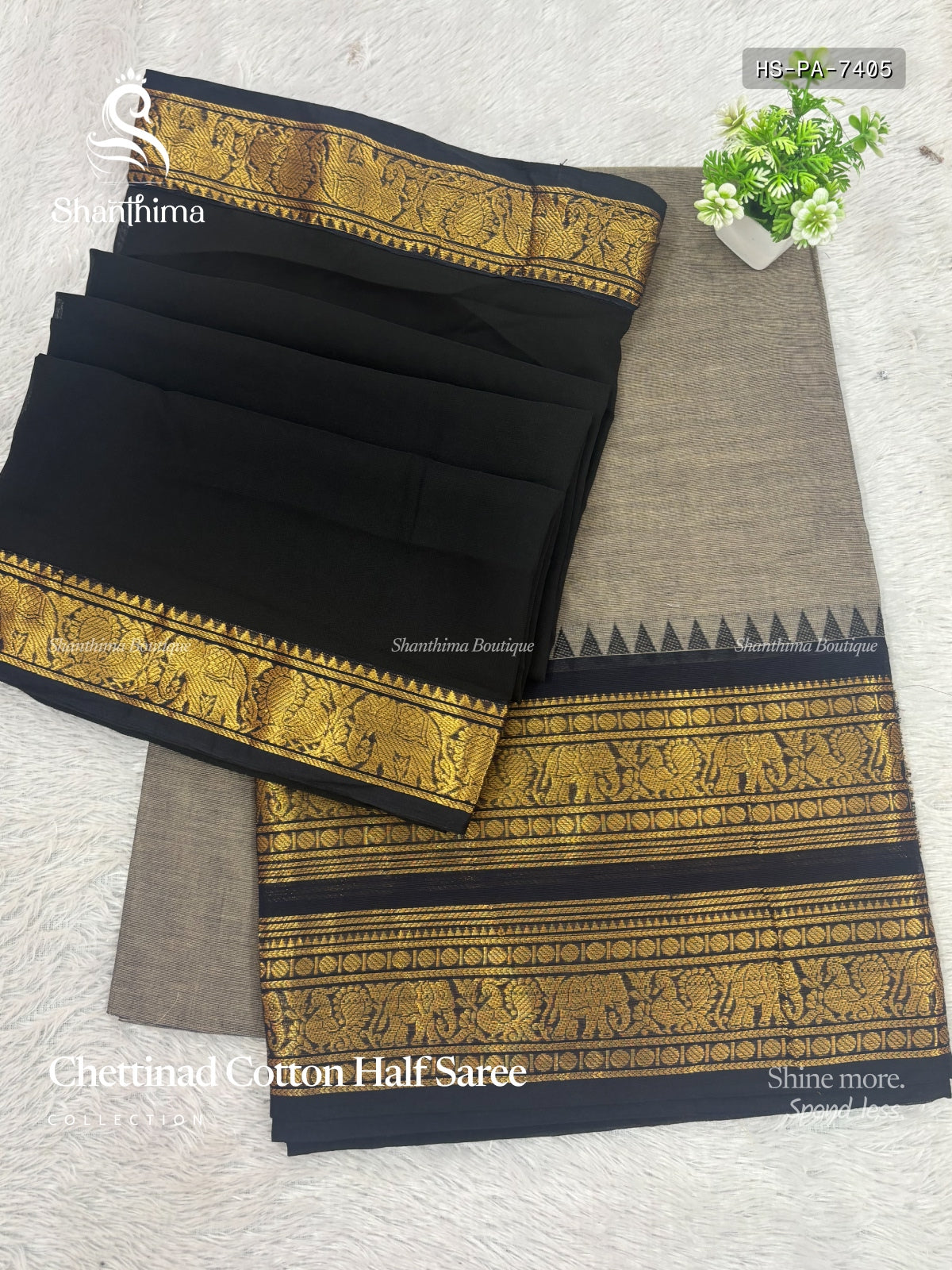 Chettinad Cotton Half Saree Plain Peacock Elephant Gray Black