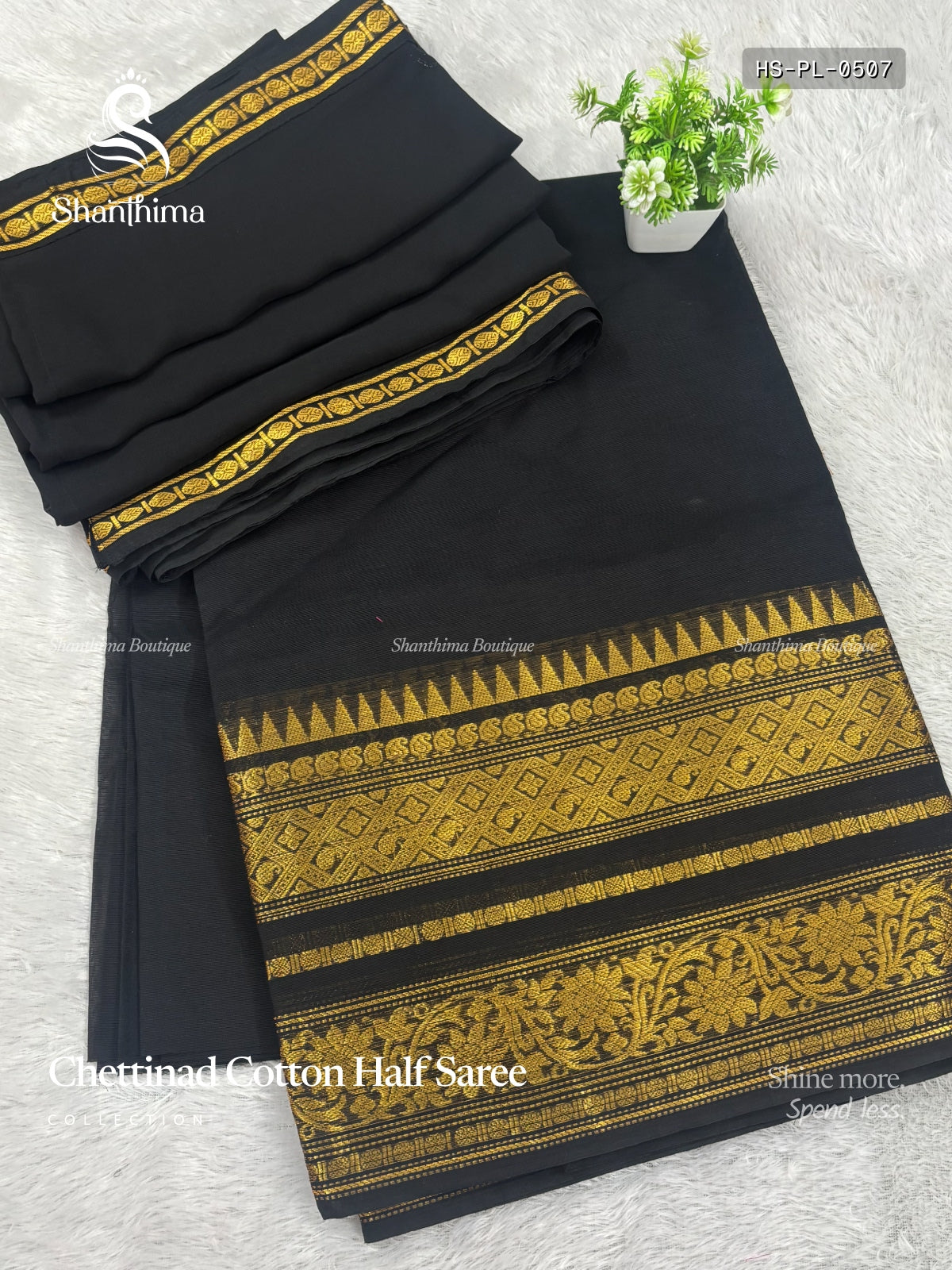 Chettinad Cotton Half Saree Plain Mango Flower Leaf Black Gold