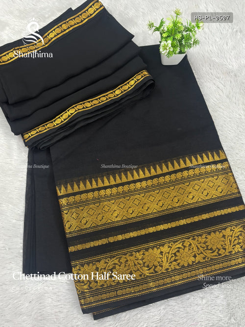 Chettinad Cotton Half Saree Plain Mango Flower Leaf Black Gold