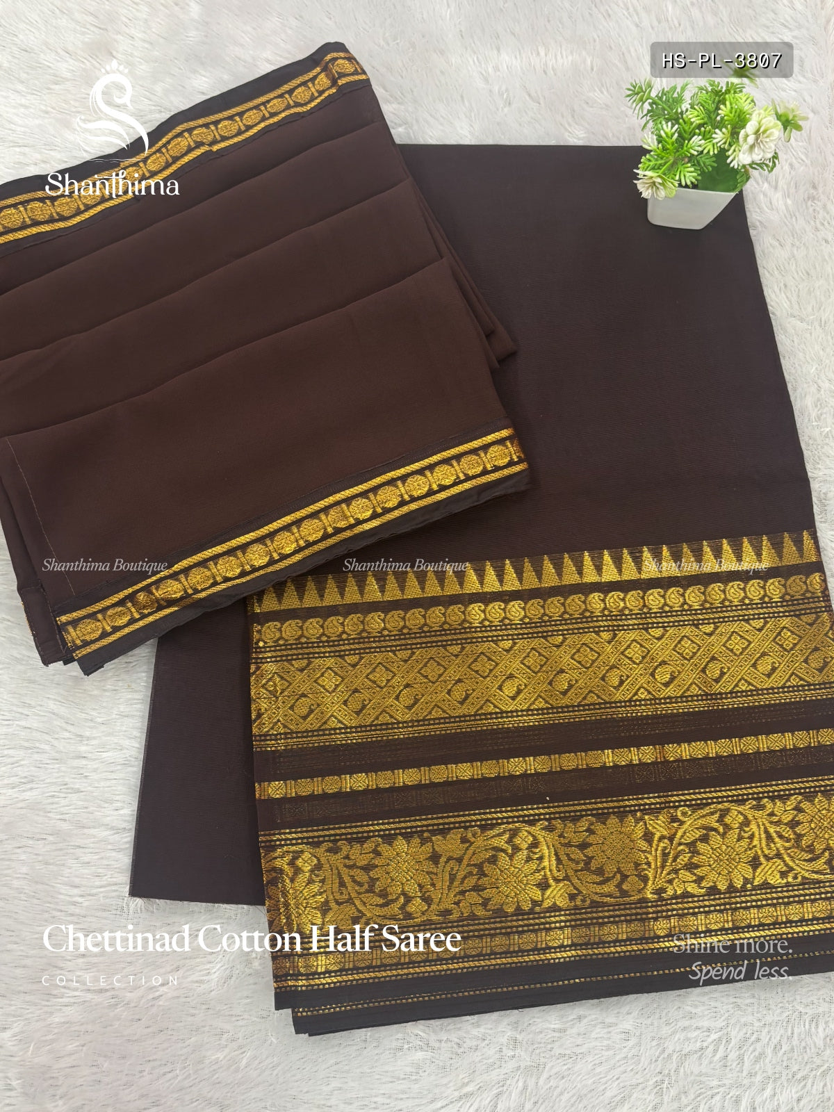 Chettinad Cotton Half Saree Plain Mango Flower Leaf Coffee Brown Gold