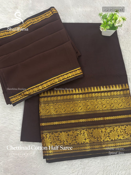Chettinad Cotton Half Saree Plain Mango Flower Leaf Coffee Brown Gold