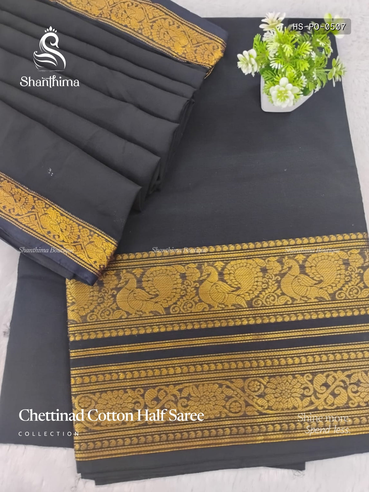 Chettinad Cotton Half Saree Plain Peacock Flower Black Gold