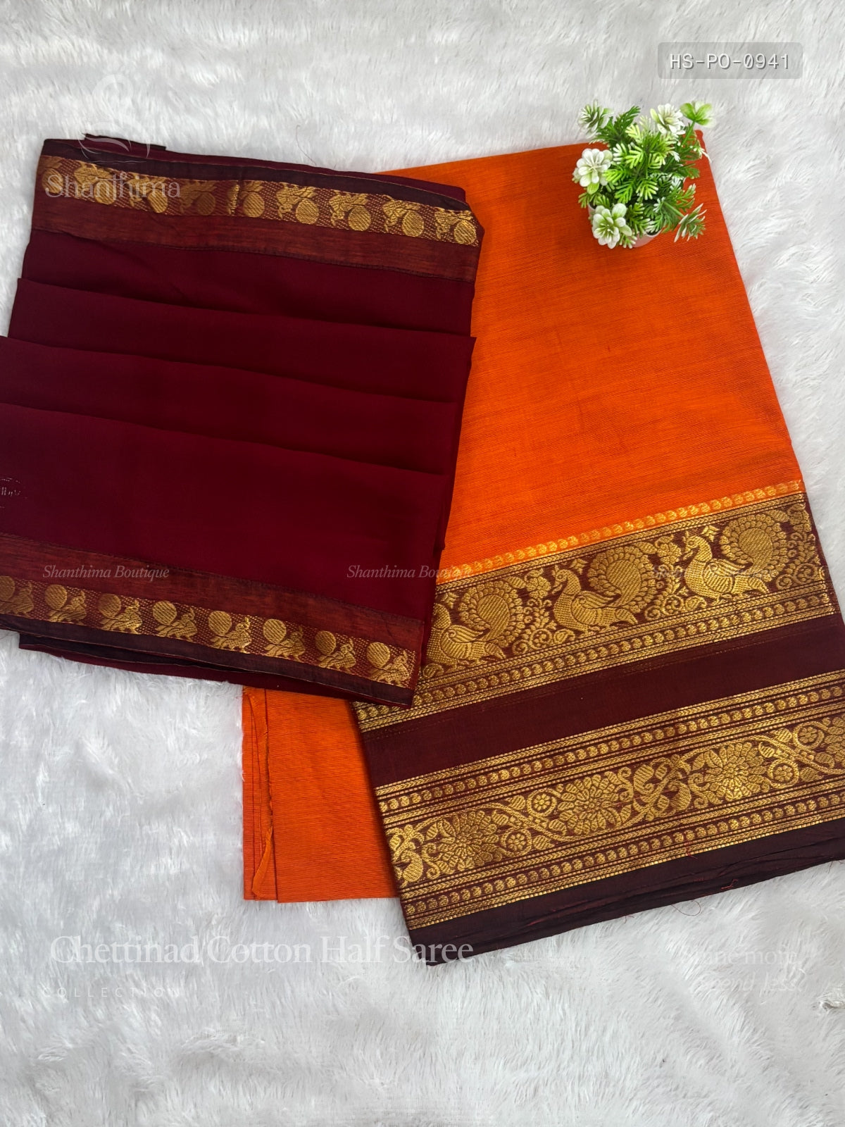 Chettinad Cotton Half Saree Plain Peacock Flower Orange Maroon