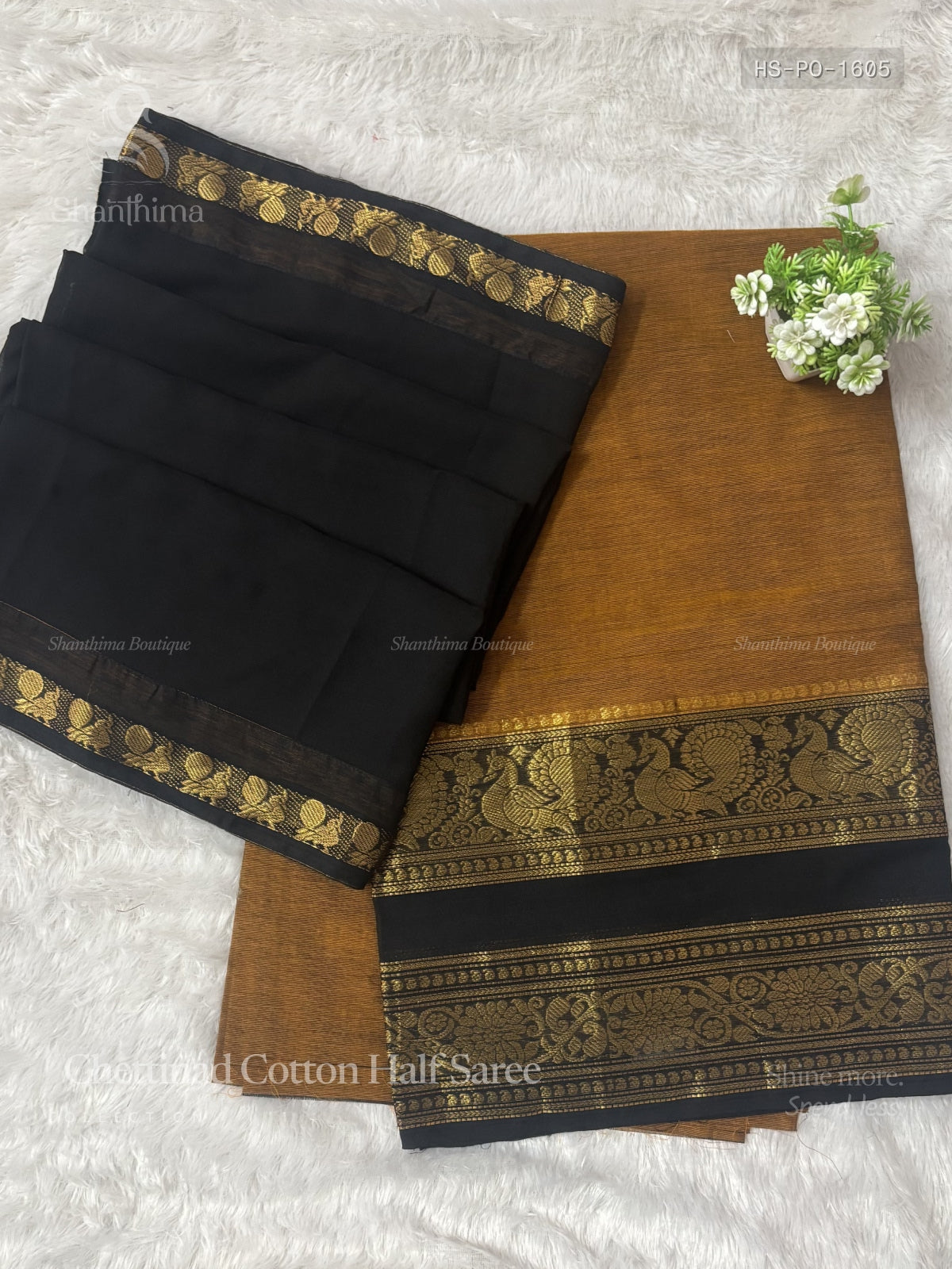 Chettinad Cotton Half Saree Plain Peacock Flower Mustard Black