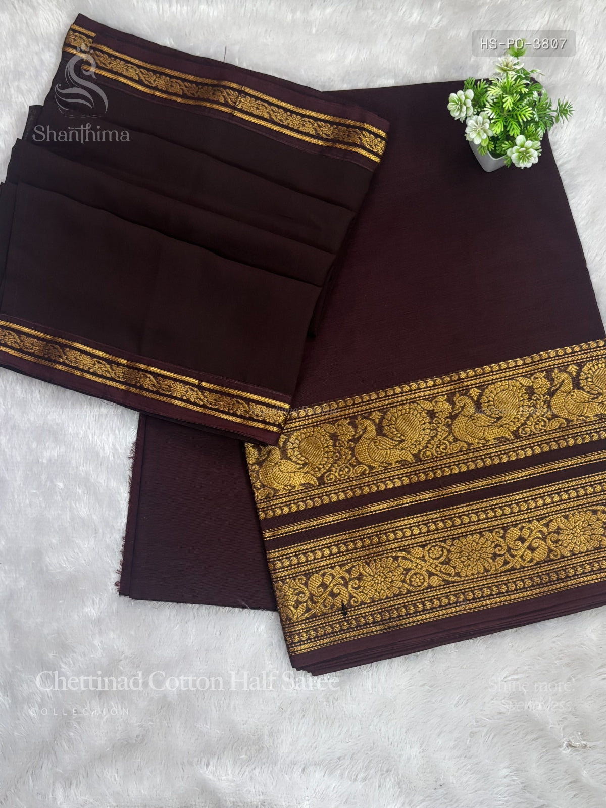 Chettinad Cotton Half Saree Plain Peacock Flower Coffee Brown Gold