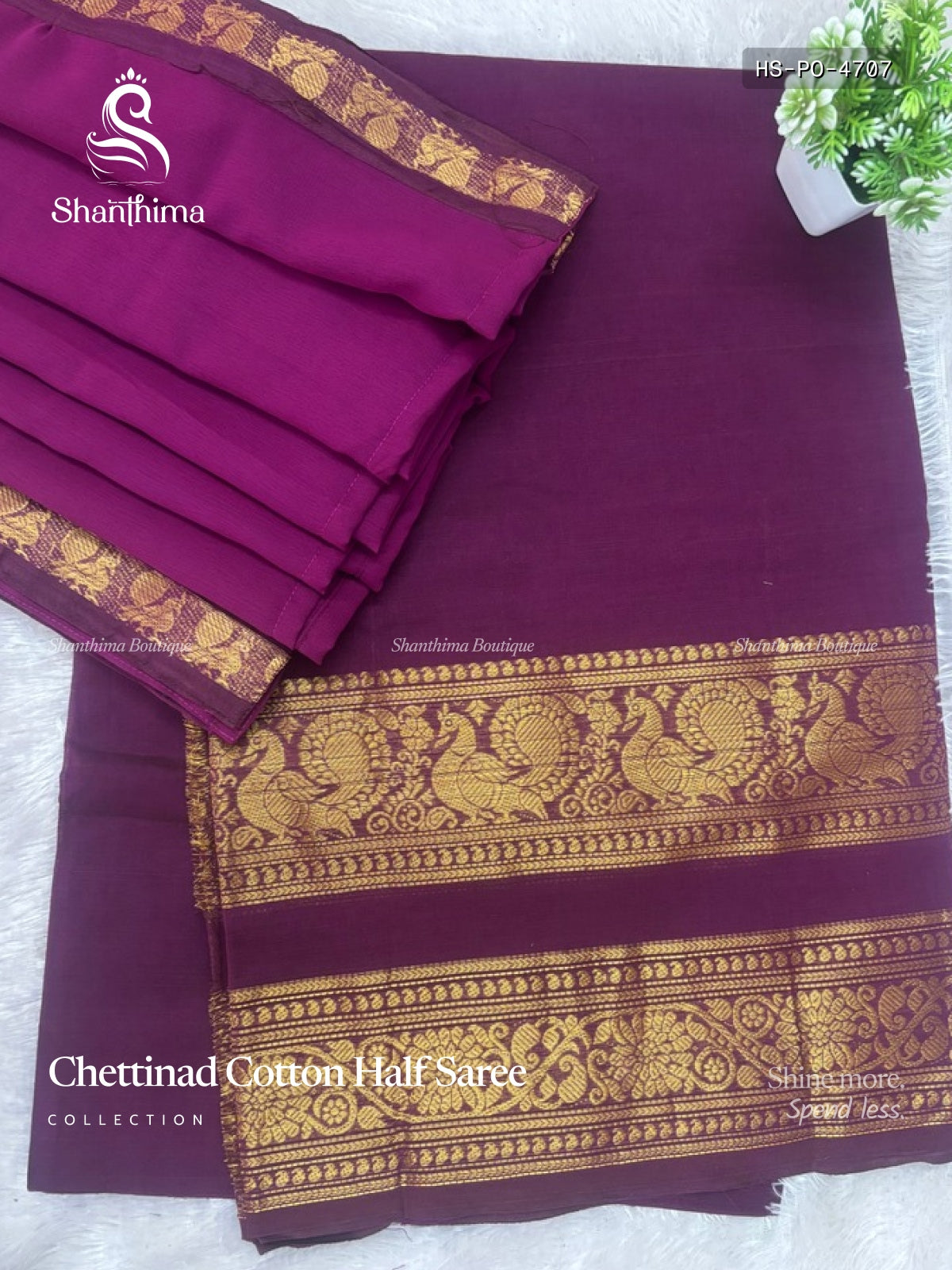 Chettinad Cotton Half Saree Plain Peacock Flower Magenta Gold