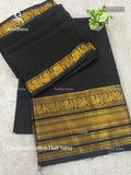 Chettinad Cotton Half Saree Plain Peacock Motif Chakra Peacock Motif Black Gold