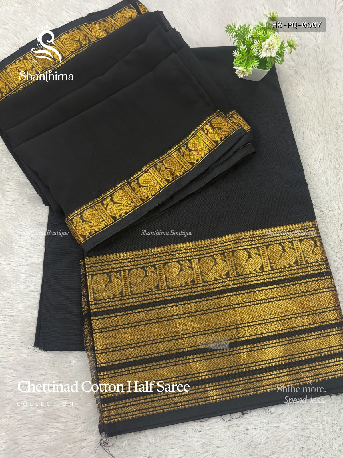 Chettinad Cotton Half Saree Plain Peacock Motif Chakra Peacock Motif Black Gold