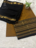 Chettinad Cotton Half Saree Plain Peacock Motif Chakra Peacock Motif Mustard Black