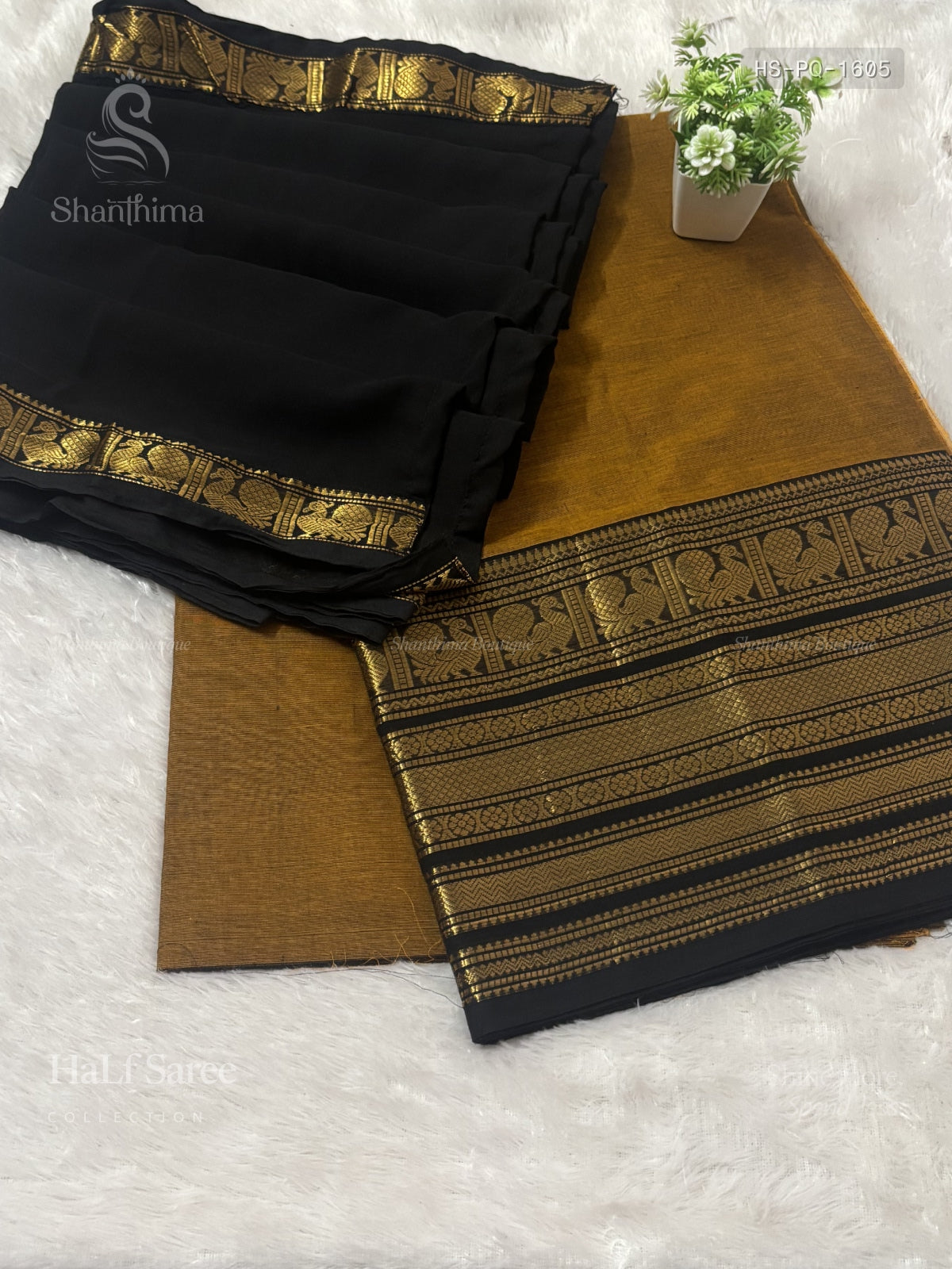 Chettinad Cotton Half Saree Plain Peacock Motif Chakra Peacock Motif Mustard Black
